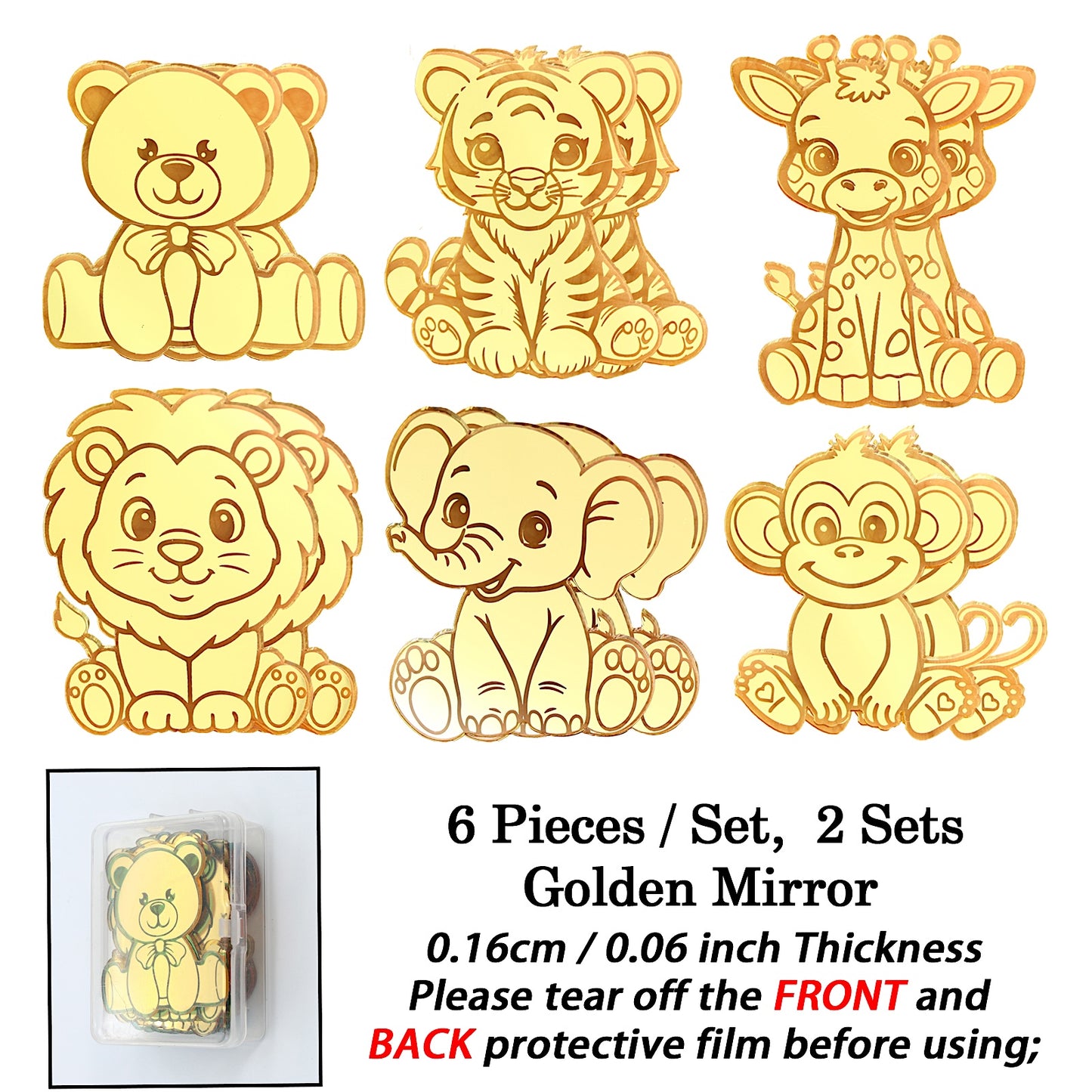 12pcs Gold Mirror Acrylic Animal Cupcake Toppers – Bear, Lion, Giraffe, Monkey, Elephant &amp; Cheetah