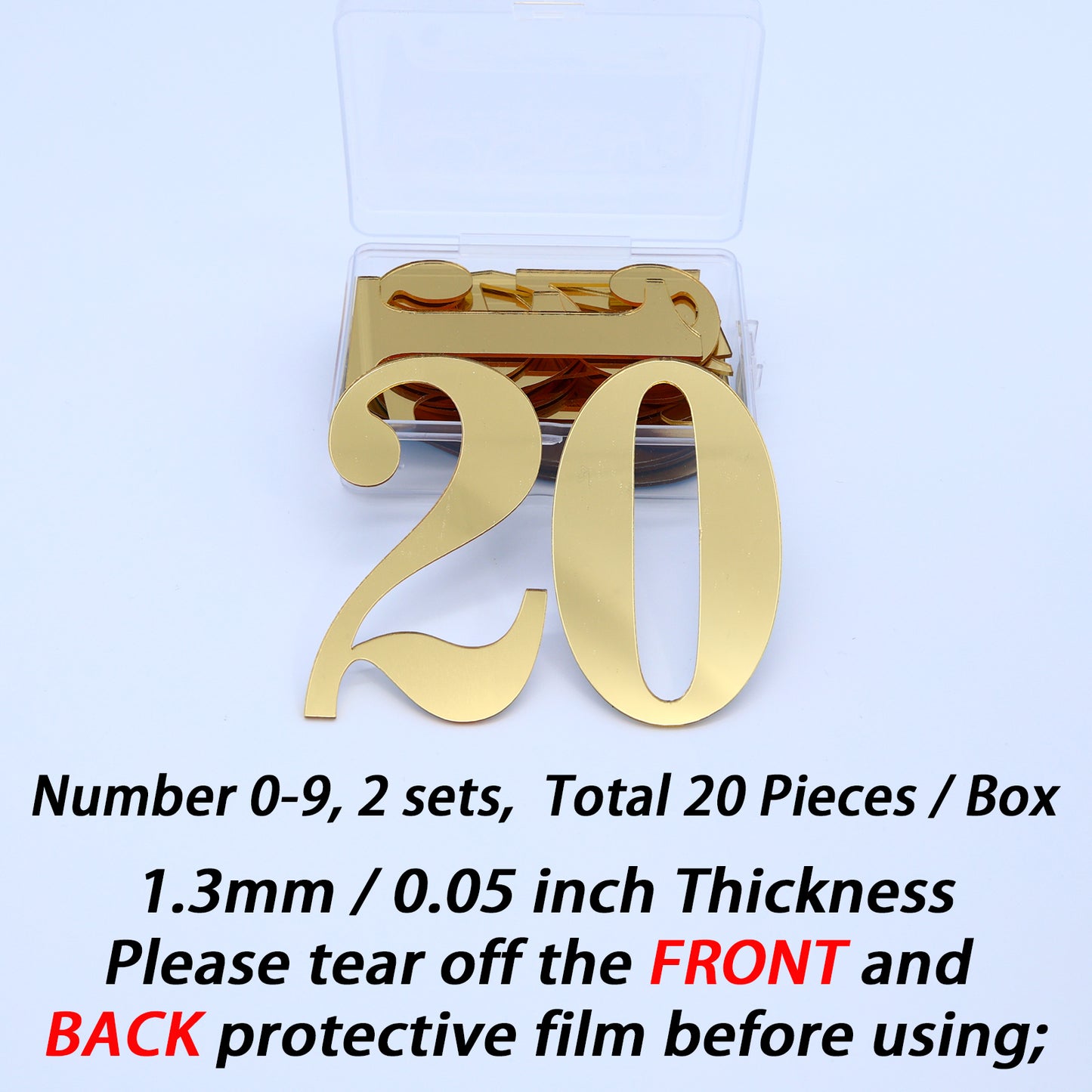 20pcs Golden Mirror Acrylic Number Cake Toppers (0–9) – Birthday & Anniversary Decoration