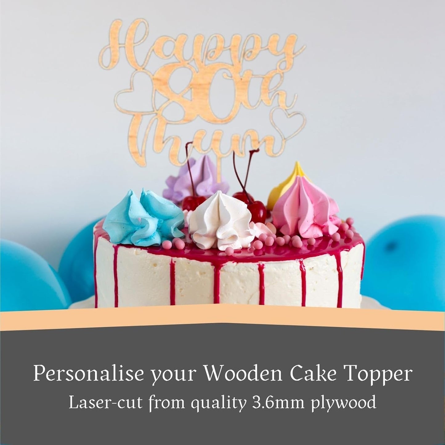 Custom Wooden Cake Topper - Happy 30th Birthday Mum Personalised With any Name and Age by DISPLAY AND WONDER