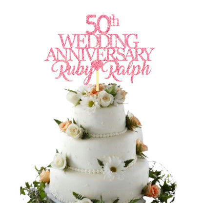 50th Wedding Anniversary Golden Wedding Anniversary Custom Wedding Anniversary with Both Names Any years any Names Personalised Cake Topper Glitter Card by Display  and Wonder