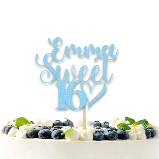 3 LITTLE DESSERTS Personalised Sweet 16 Cake Topper - Custom Glitter cake Decoration for 16th Birthday Party - Customisable cake topper with Name and Age - Happy Birthday Cake Topper