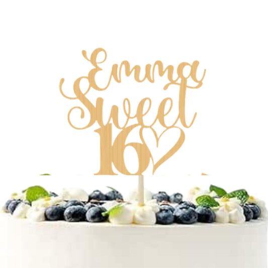 3 LITTLE DESSERTS Personalised Sweet 16 Wooden Cake Topper - Custom cake Decoration for 16th Birthday Party - Customisable Wood cake topper with Name and Age - Happy Birthday Wood Cake Topper