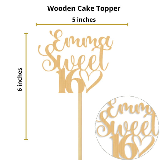 3 LITTLE DESSERTS Personalised Sweet 16 Wooden Cake Topper - Custom cake Decoration for 16th Birthday Party - Customisable Wood cake topper with Name and Age - Happy Birthday Wood Cake Topper