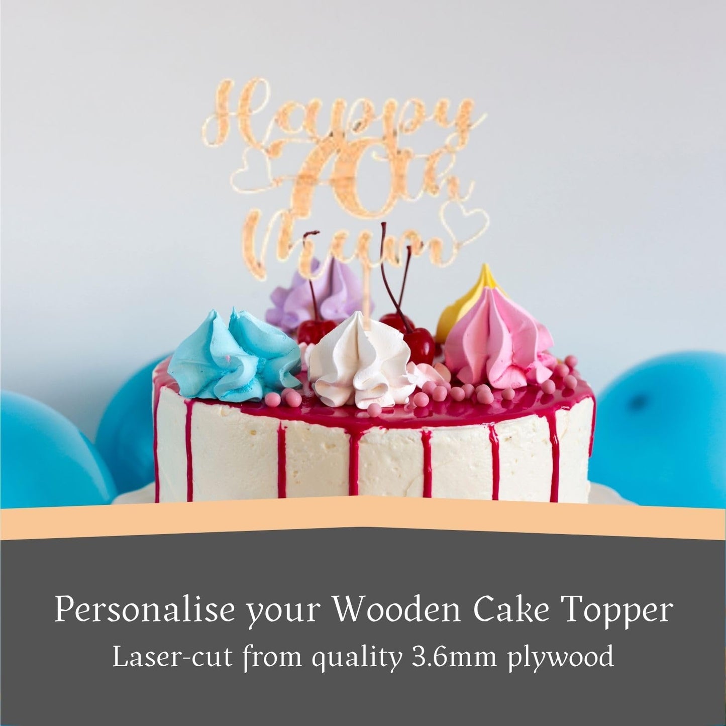 Custom Happy 70th Mum Wooden Cake Topper - Personalised withany Name and age by DISPLAY AND WONDER