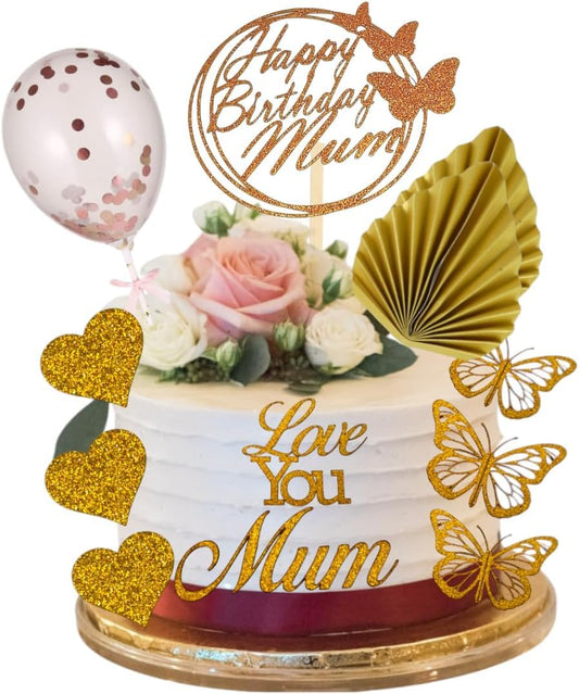 12 Pcs Happy Birthday Mum Cake Toppers set Gold Cake Decorations Happy Birthday Cake Topper, Palm Leaf, Sequins Balloon Glitter Card Cake Toppers for Birthday Party Cake Decor