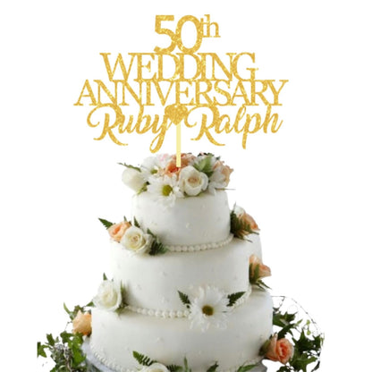 50th Wedding Anniversary Golden Wedding Anniversary Custom Wedding Anniversary with Both Names Any years any Names Personalised Cake Topper Glitter Card by Display  and Wonder