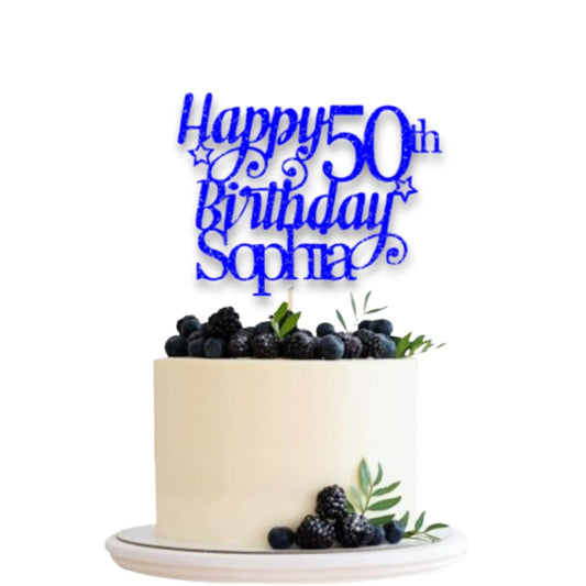 Personalised Happy 50th Birthday Glitter Card Cake Topper by DISPLAY AND WONDER – Custom Age & Name – Birthday Cardstock Toppers – Milestone Birthday Cake Decoration