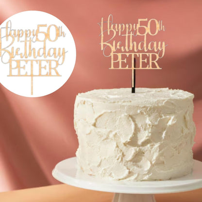 Happy 50th Birthday Wooden Cake Topper with Custom with any Name and Age, Personalised Wood Toppers by DISPLAY AND WONDER