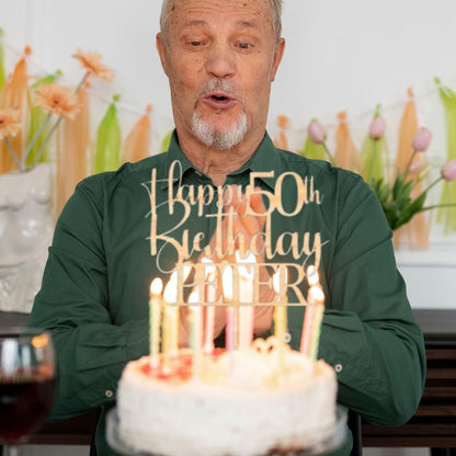 Happy 50th Birthday Wooden Cake Topper with Custom with any Name and Age, Personalised Wood Toppers by DISPLAY AND WONDER