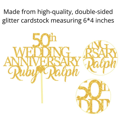 50th Wedding Anniversary Golden Wedding Anniversary Custom Wedding Anniversary with Both Names Any years any Names Personalised Cake Topper Glitter Card by Display  and Wonder