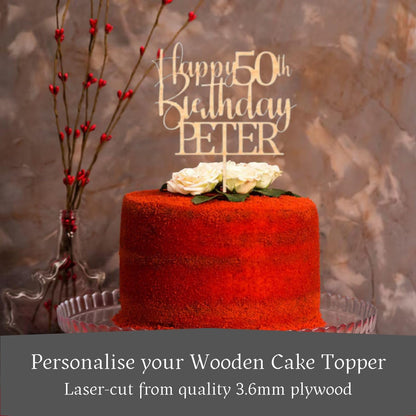 Happy 50th Birthday Wooden Cake Topper with Custom with any Name and Age, Personalised Wood Toppers by DISPLAY AND WONDER