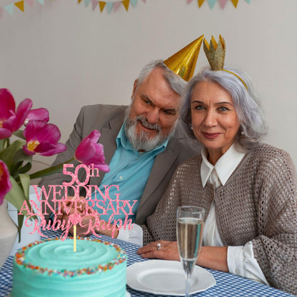 50th Wedding Anniversary Golden Wedding Anniversary Custom Wedding Anniversary with Both Names Any years any Names Personalised Cake Topper Glitter Card by Display  and Wonder