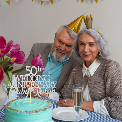 50th Wedding Anniversary Golden Wedding Anniversary Custom Wedding Anniversary with Both Names Any years any Names Personalised Cake Topper Glitter Card by Display  and Wonder