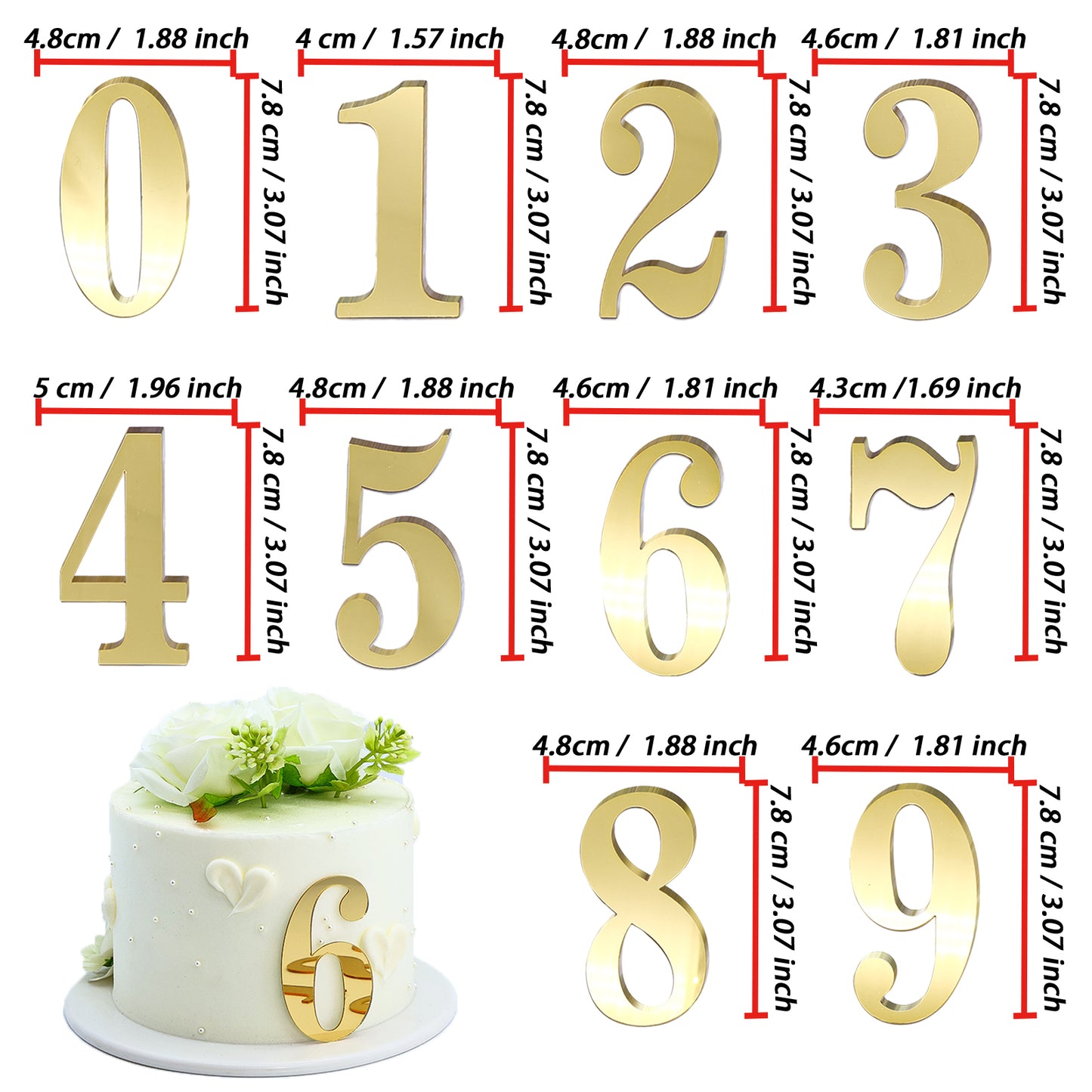 20pcs Golden Mirror Acrylic Number Cake Toppers (0–9) – Birthday & Anniversary Decoration