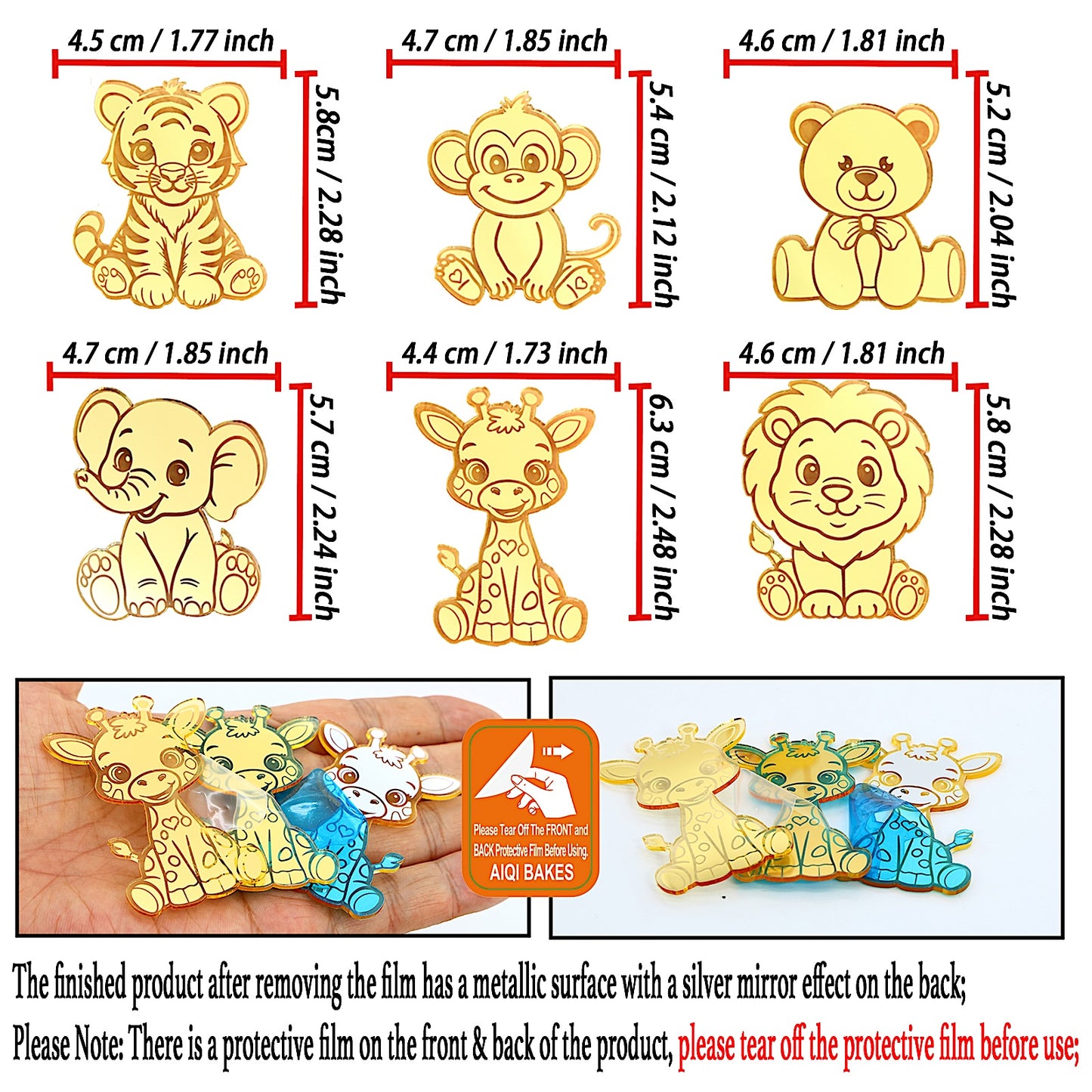 12pcs Gold Mirror Acrylic Animal Cupcake Toppers – Bear, Lion, Giraffe, Monkey, Elephant &amp; Cheetah