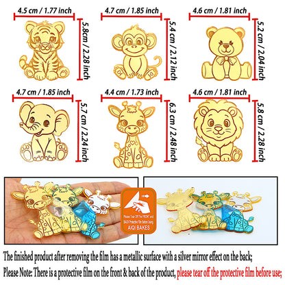12pcs Gold Mirror Acrylic Animal Cupcake Toppers – Bear, Lion, Giraffe, Monkey, Elephant &amp; Cheetah