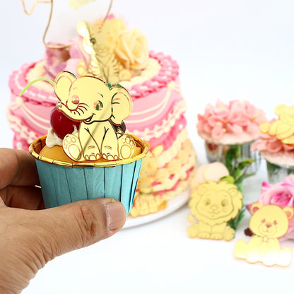 12pcs Gold Mirror Acrylic Animal Cupcake Toppers – Bear, Lion, Giraffe, Monkey, Elephant &amp; Cheetah
