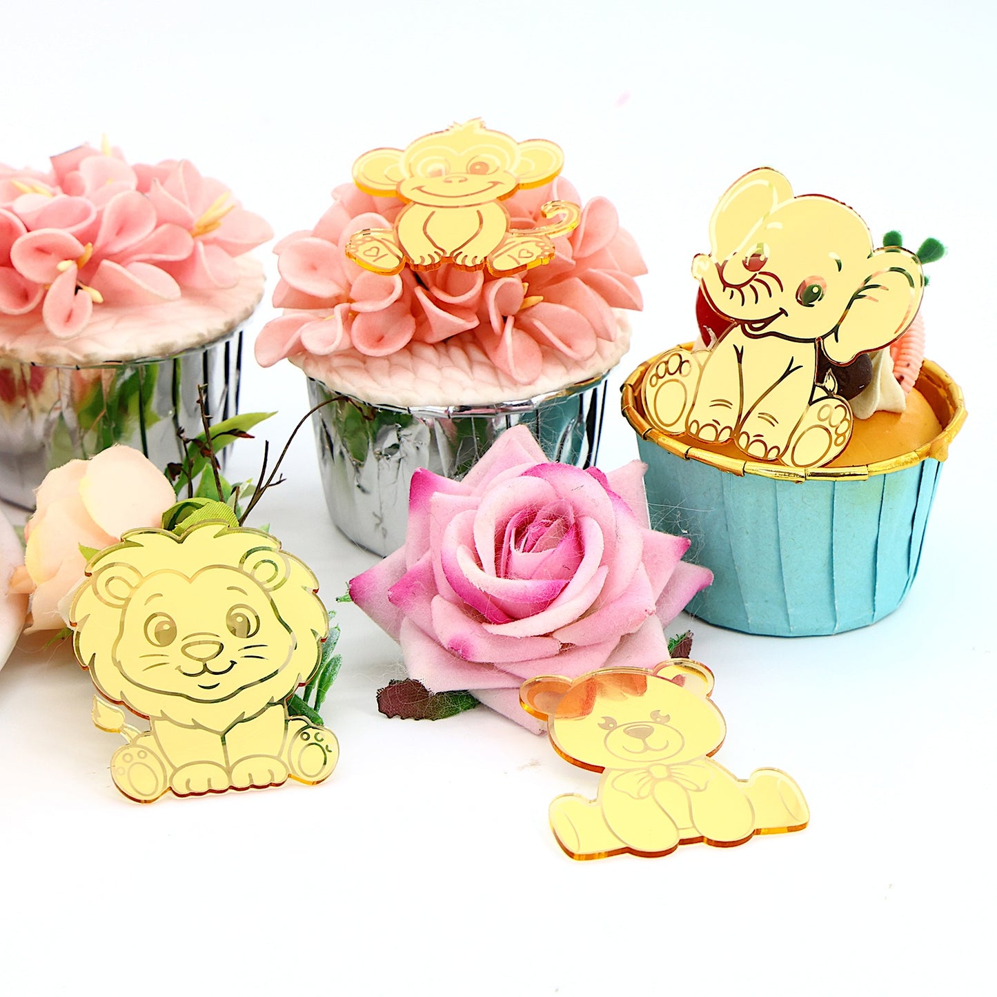 12pcs Gold Mirror Acrylic Animal Cupcake Toppers – Bear, Lion, Giraffe, Monkey, Elephant &amp; Cheetah