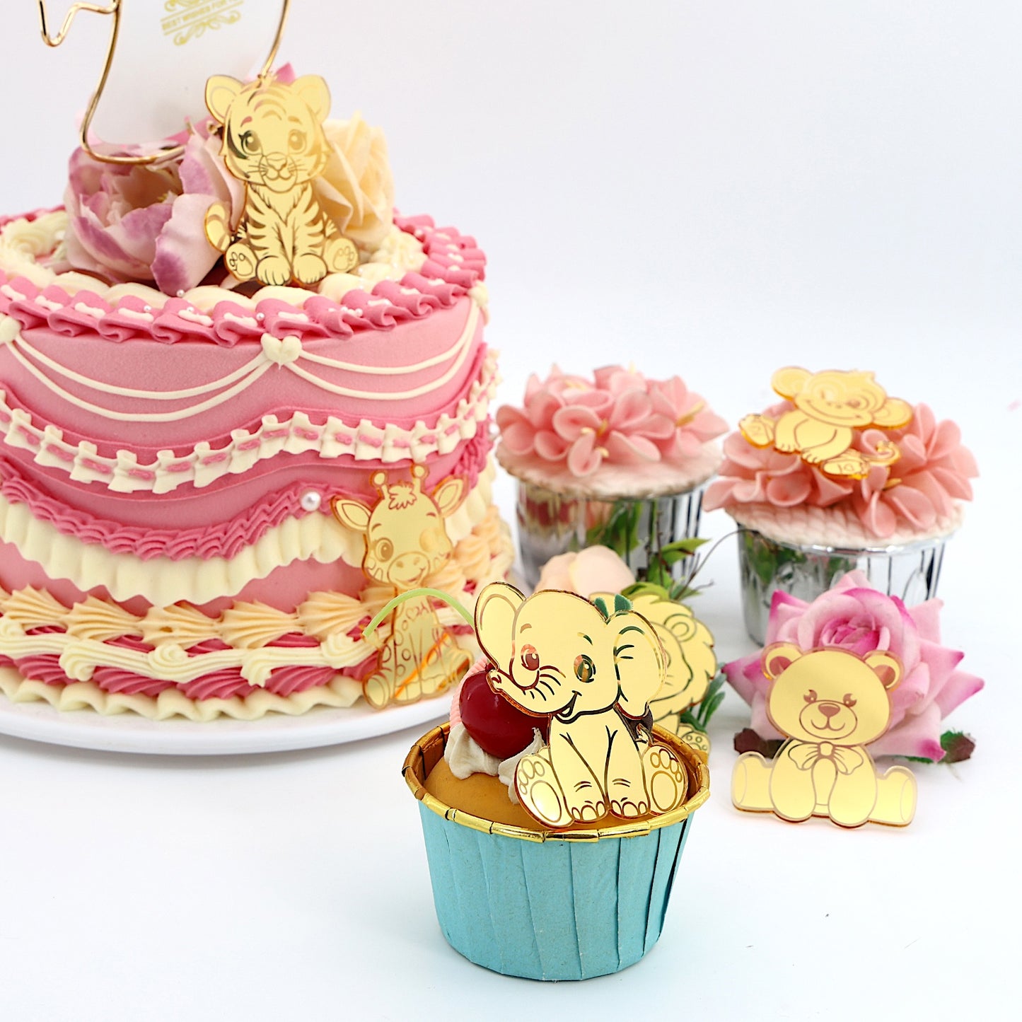 12pcs Gold Mirror Acrylic Animal Cupcake Toppers – Bear, Lion, Giraffe, Monkey, Elephant &amp; Cheetah