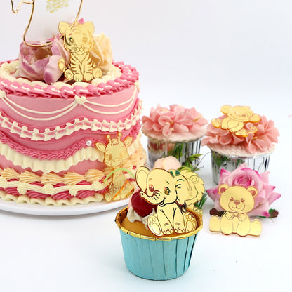 12pcs Gold Mirror Acrylic Animal Cupcake Toppers – Bear, Lion, Giraffe, Monkey, Elephant &amp; Cheetah