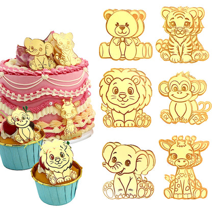 12pcs Gold Mirror Acrylic Animal Cupcake Toppers – Bear, Lion, Giraffe, Monkey, Elephant &amp; Cheetah