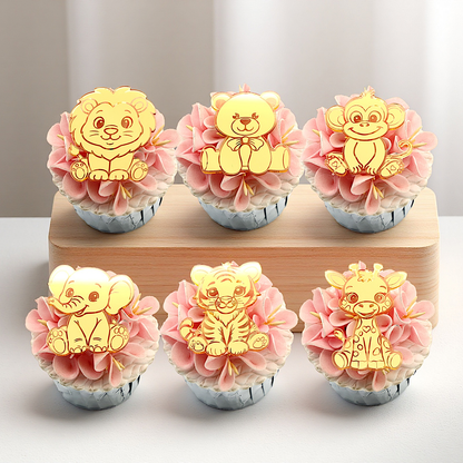 12pcs Gold Mirror Acrylic Animal Cupcake Toppers – Bear, Lion, Giraffe, Monkey, Elephant &amp; Cheetah