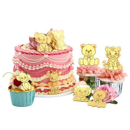 12pcs Gold Mirror Acrylic Animal Cupcake Toppers – Bear, Lion, Giraffe, Monkey, Elephant &amp; Cheetah
