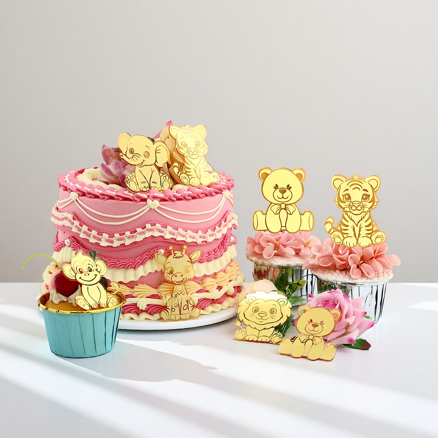 12pcs Gold Mirror Acrylic Animal Cupcake Toppers – Bear, Lion, Giraffe, Monkey, Elephant &amp; Cheetah