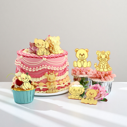 12pcs Gold Mirror Acrylic Animal Cupcake Toppers – Bear, Lion, Giraffe, Monkey, Elephant &amp; Cheetah