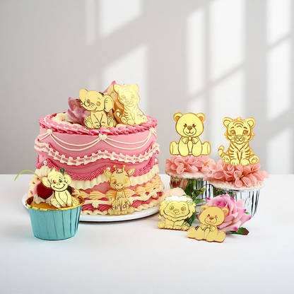 12pcs Gold Mirror Acrylic Animal Cupcake Toppers – Bear, Lion, Giraffe, Monkey, Elephant &amp; Cheetah