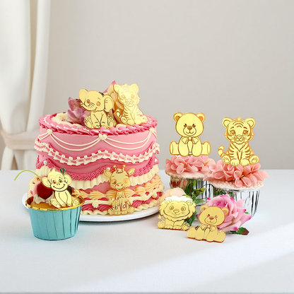 12pcs Gold Mirror Acrylic Animal Cupcake Toppers – Bear, Lion, Giraffe, Monkey, Elephant &amp; Cheetah