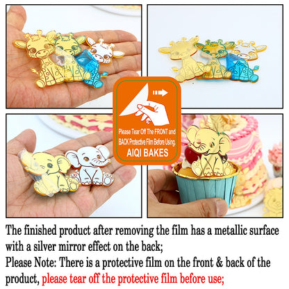 12pcs Gold Mirror Acrylic Animal Cupcake Toppers – Bear, Lion, Giraffe, Monkey, Elephant &amp; Cheetah