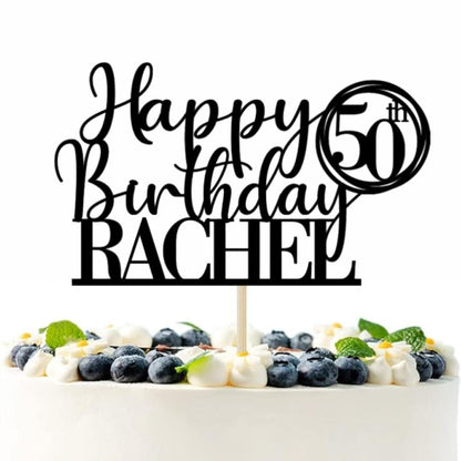 Happy 50th Birthday Cake Topper, Personalised Happy Birthday Glitter Cake Topper | Custom Colour Any Name & Any Age Glitter Card Cake Decoration by DISPLAY AND WONDER