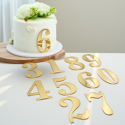 20pcs Golden Mirror Acrylic Number Cake Toppers (0–9) – Birthday & Anniversary Decoration